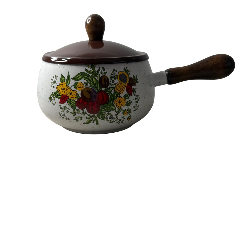 VTG Enamelware Sauce Pan with Lid Fruit Floral Motif Wooden Handle Speckled